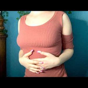 Pink Long Sleeve Top with Cut out Shoulder